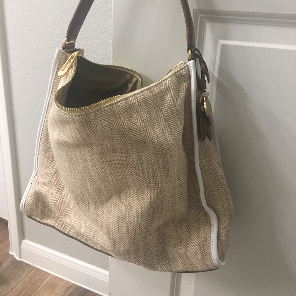 T Tahari Brown Leather Trim Bag